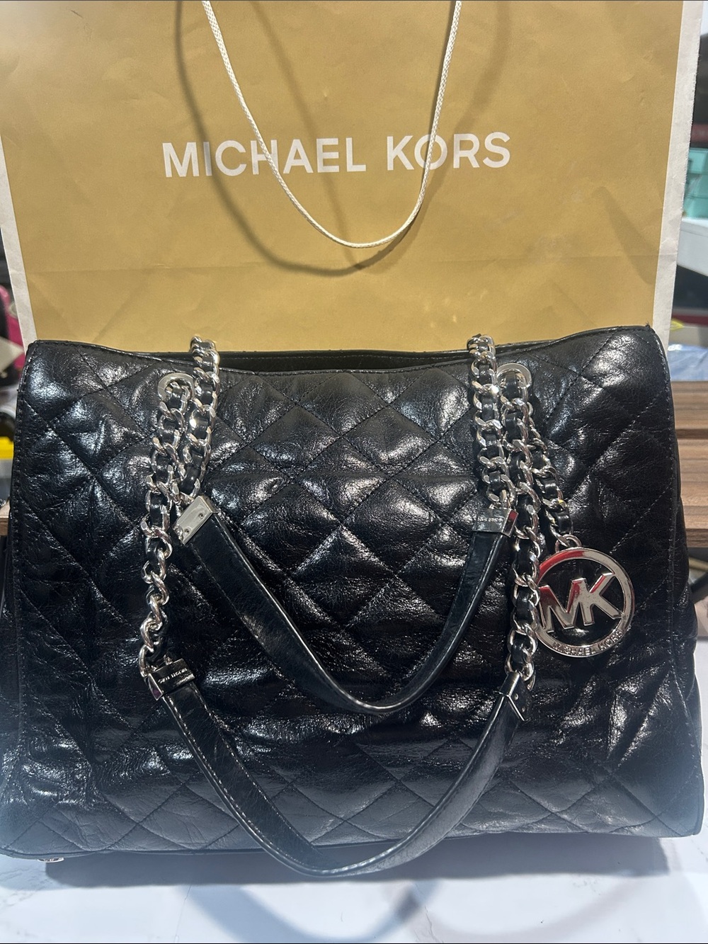 Michael Kors Black Quilted Leather Susannah Shoulder Bag with Silver Chain
